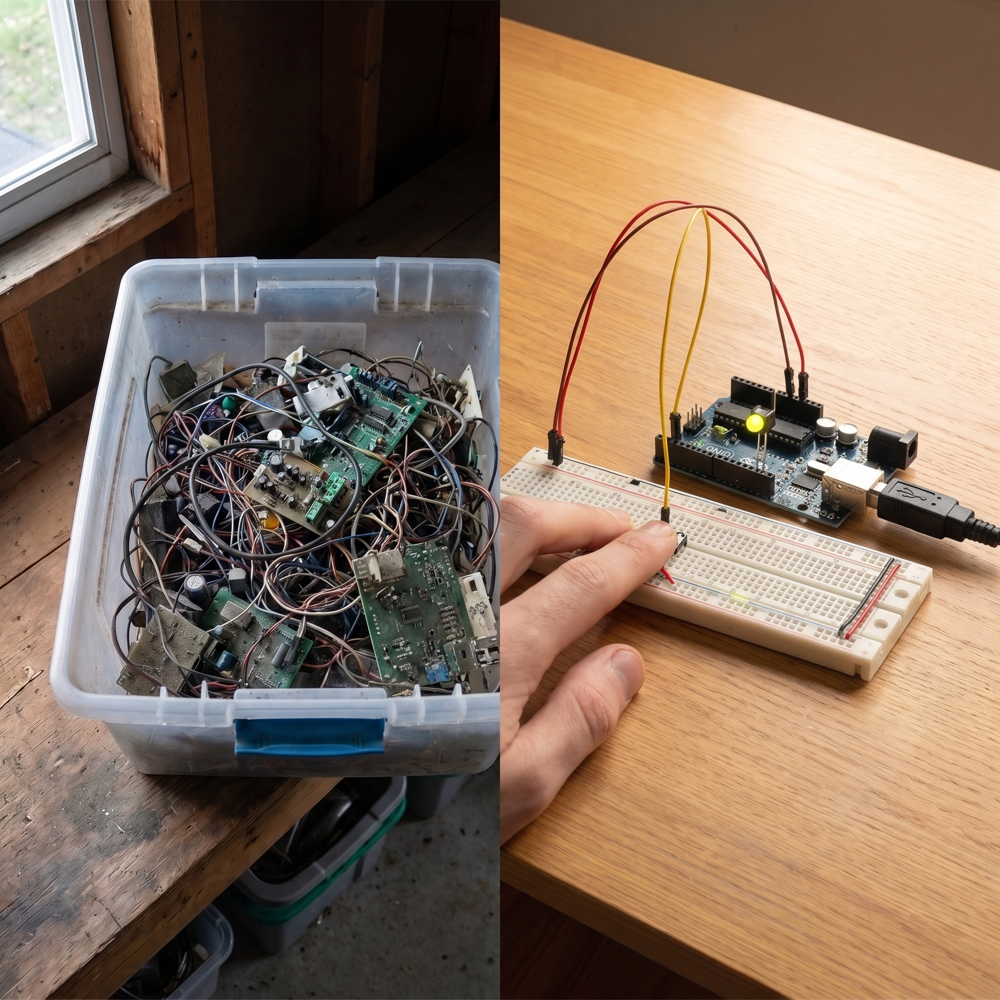 Left: a plastic bin of tangled, abandoned electronics parts. Right: a single finished RFID access system in a clean enclosure beside a premium project guide.