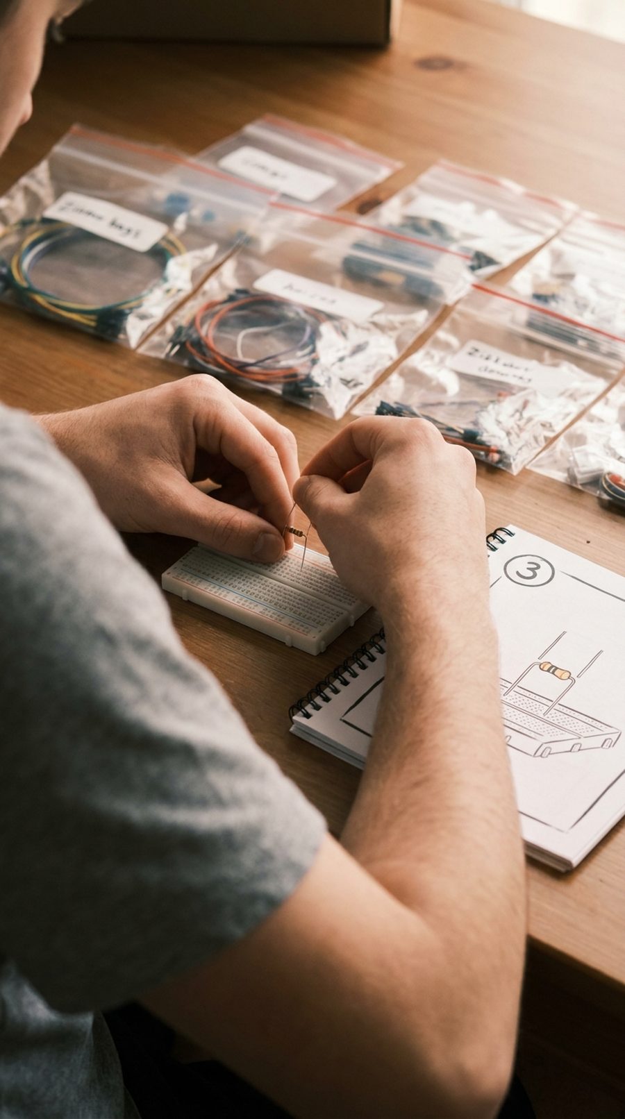Hands placing a resistor on a breadboard beside labeled component bags and an open step-by-step guide at step 3.