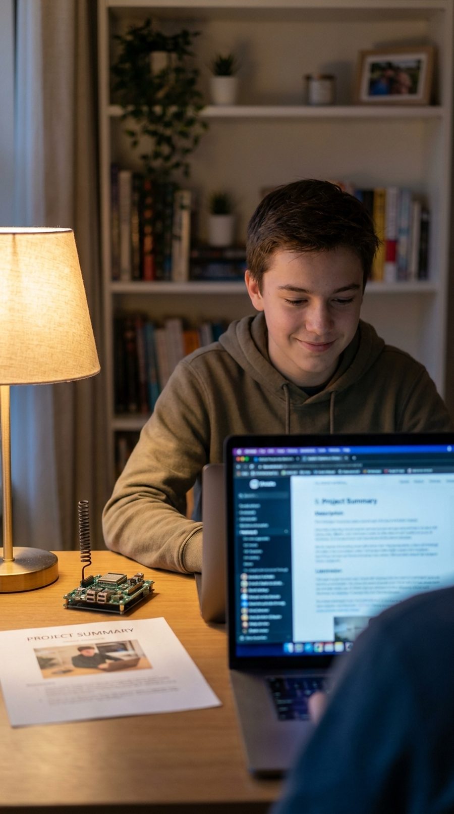 A student reviewing a written project summary on a laptop next to the finished build.