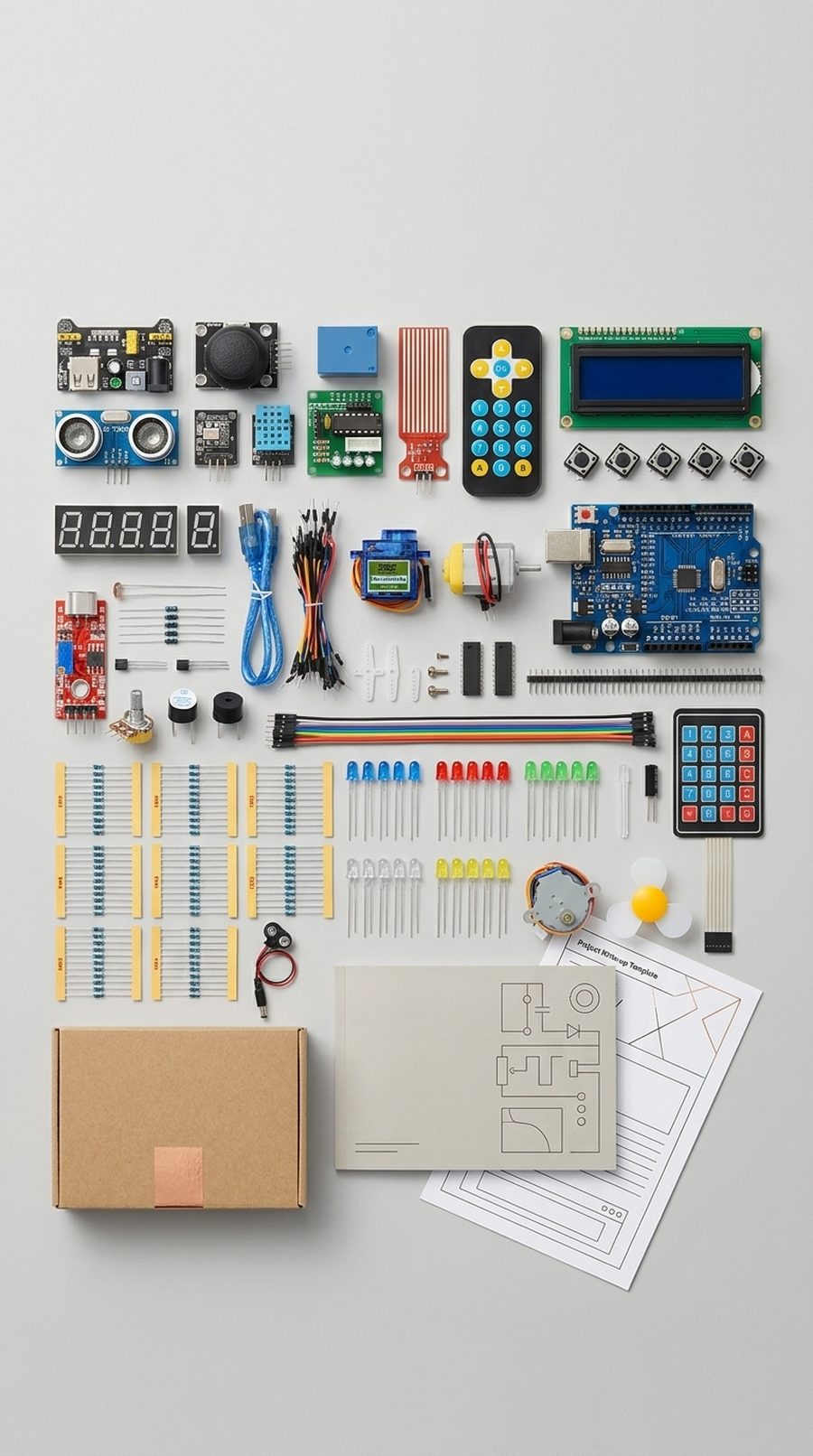 A complete Arduino-based kit laid out: microcontroller, breadboard, sensors, display, keypad, jumper wires, sorted resistors, and a project guide.